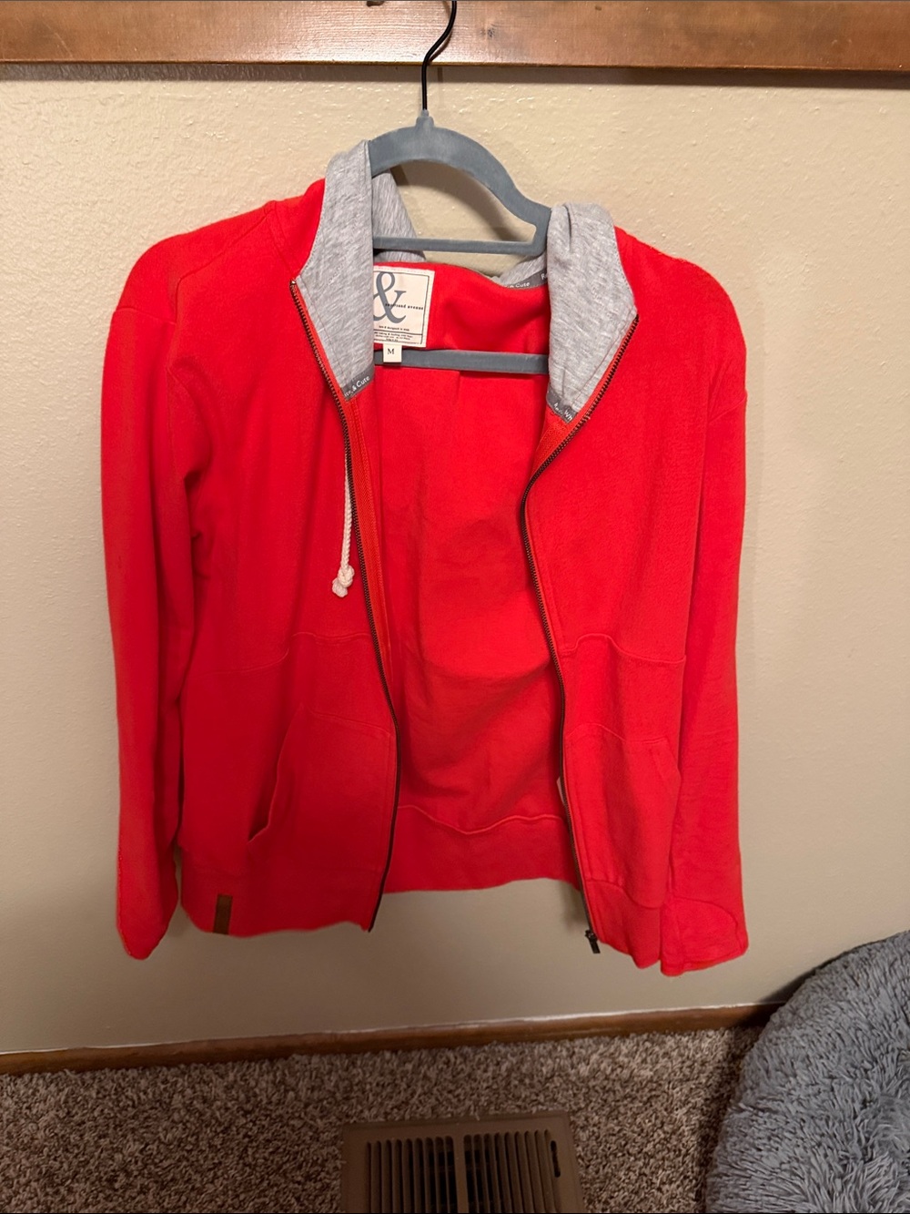 AMPERSAND AVE Red Zip Hoodie with Gray Lined Hood